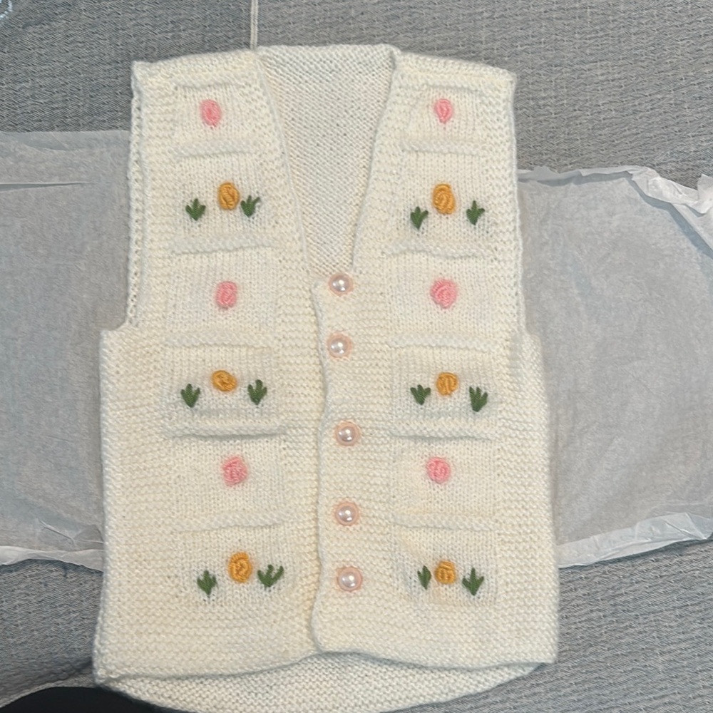 Hand Crafted Cream Knit Vest with Pink and Orange Accents